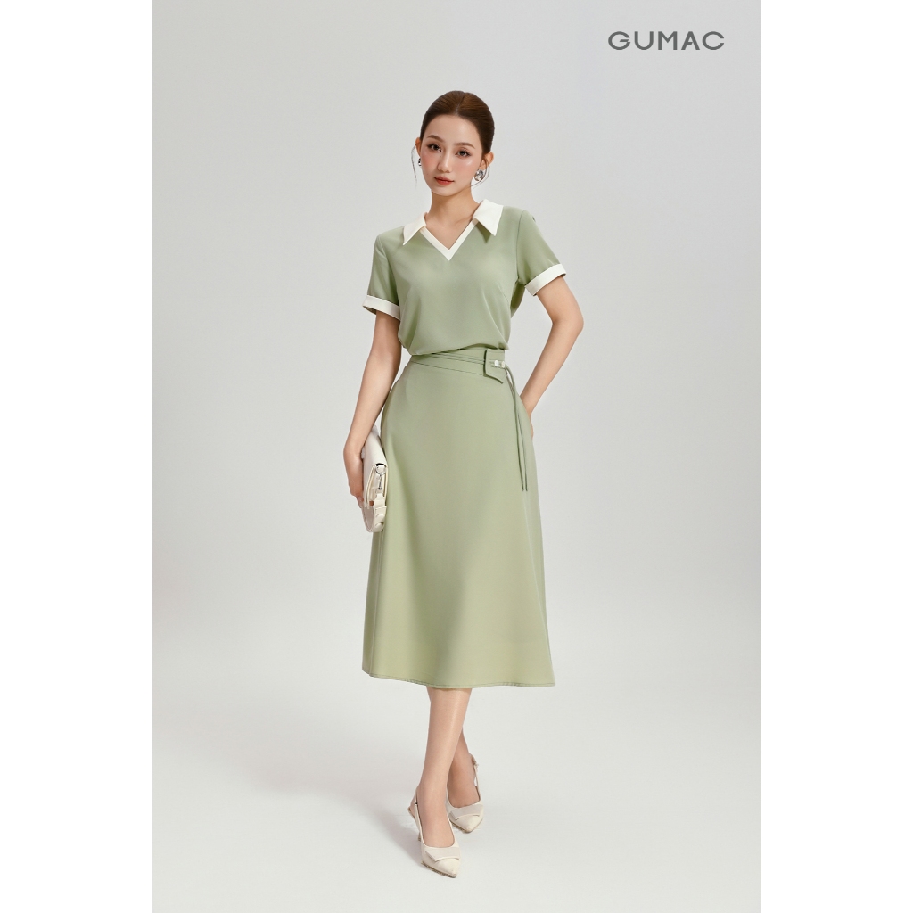 Set Lẻ Áo Kiểu Nữ GUMAC Form Suông Cổ Xẻ V AG04020 - Chân Váy Nữ GUMAC Thiết Kế Lưng Lệch Tôn Eo Sang Trọng VG04021