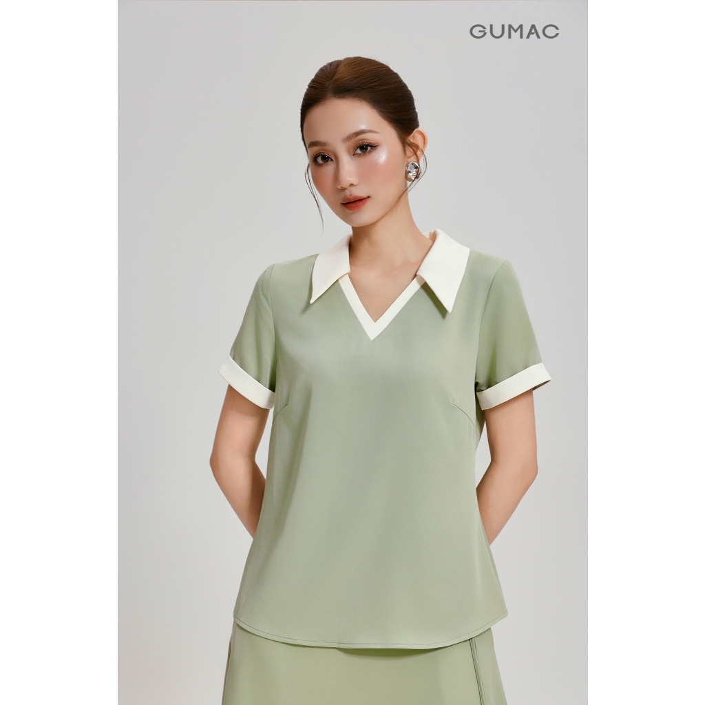 Set Lẻ Áo Kiểu Nữ GUMAC Form Suông Cổ Xẻ V AG04020 - Chân Váy Nữ GUMAC Thiết Kế Lưng Lệch Tôn Eo Sang Trọng VG04021