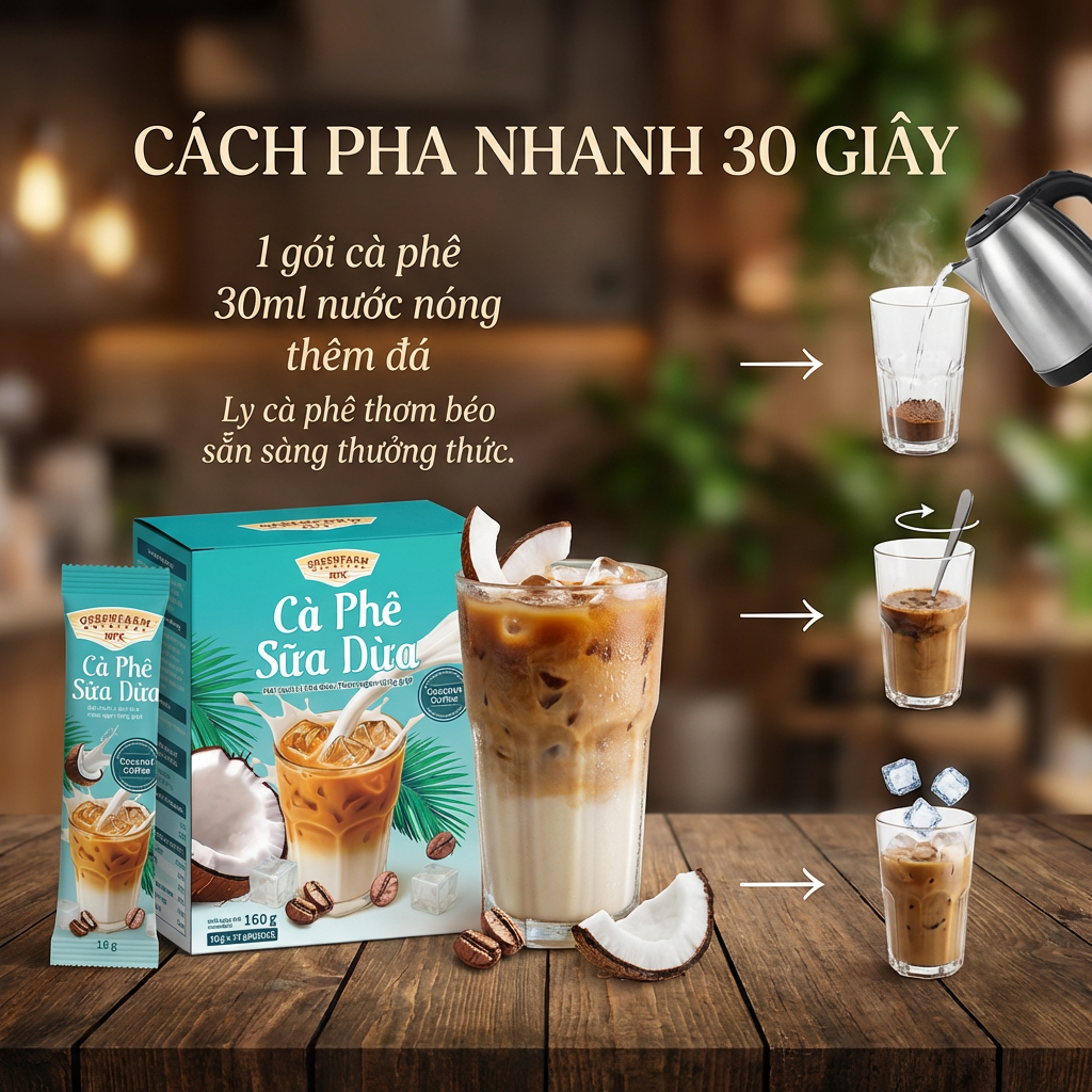 Cà Phê Sữa Dừa Hòa Tan GreenFarm – Hộp 10 Gói x 17gr/ Gói