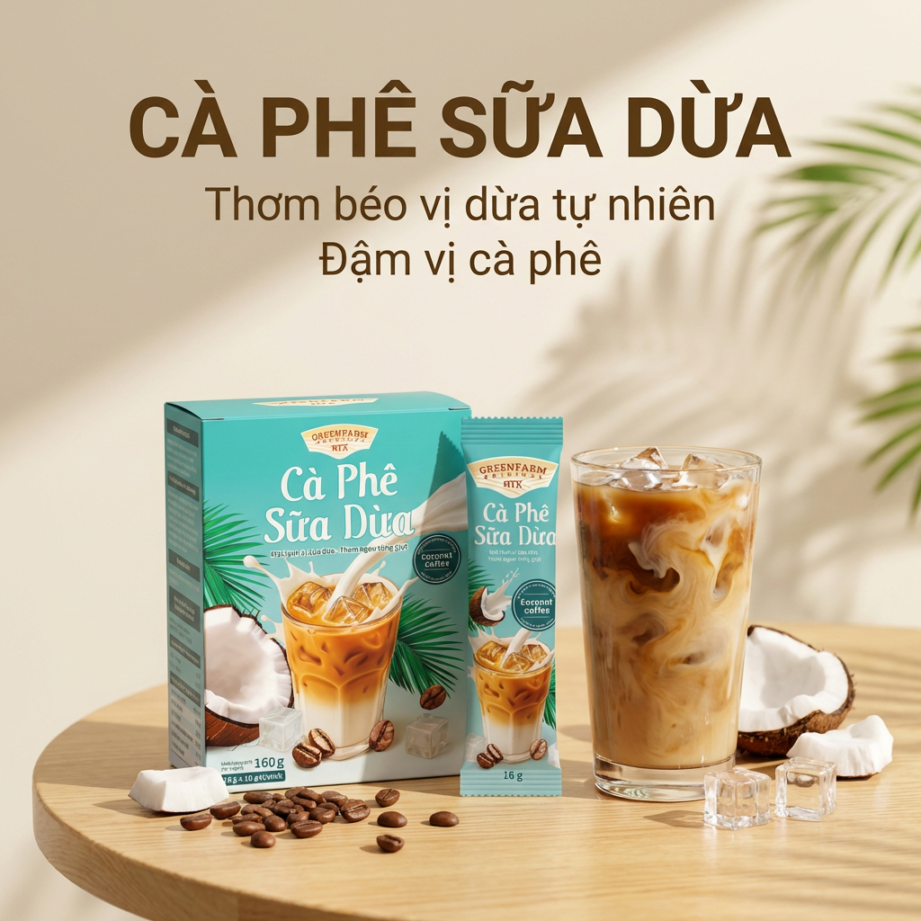 Cà Phê Sữa Dừa Hòa Tan GreenFarm – Hộp 10 Gói x 17gr/ Gói
