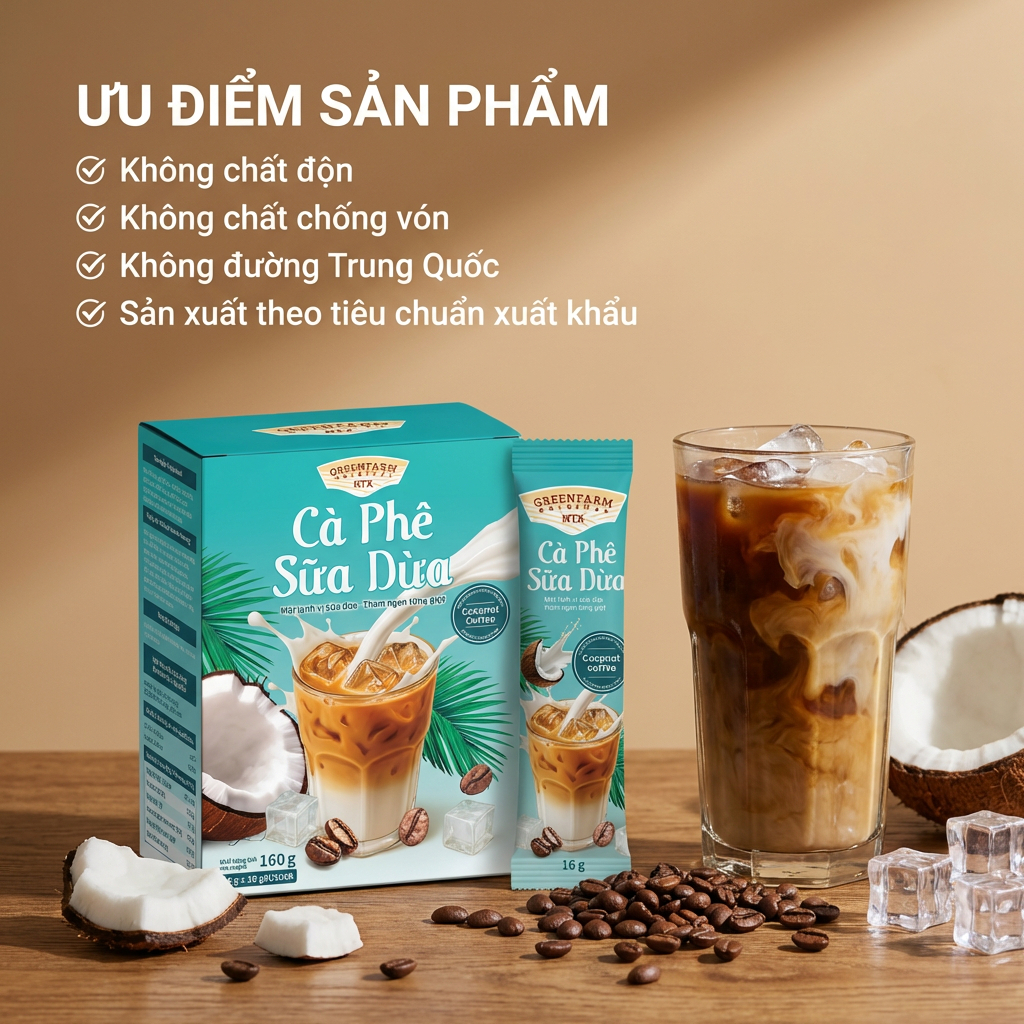Cà Phê Sữa Dừa Hòa Tan GreenFarm – Hộp 10 Gói x 17gr/ Gói