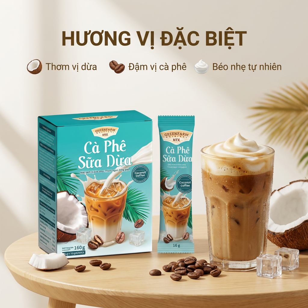 Cà Phê Sữa Dừa Hòa Tan GreenFarm – Hộp 10 Gói x 17gr/ Gói