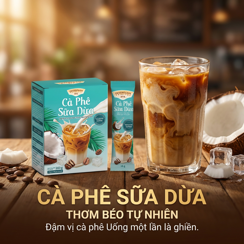 Cà Phê Sữa Dừa Hòa Tan GreenFarm – Hộp 10 Gói x 17gr/ Gói