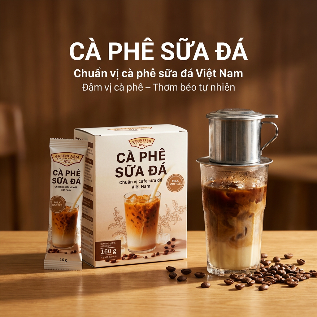 Cà Phê Sữa Đá Hòa Tan GreenFarm – Chuẩn Vị Phin Việt Nam – Thơm Béo Đậm Đà – Hộp 10 Gói x 17g