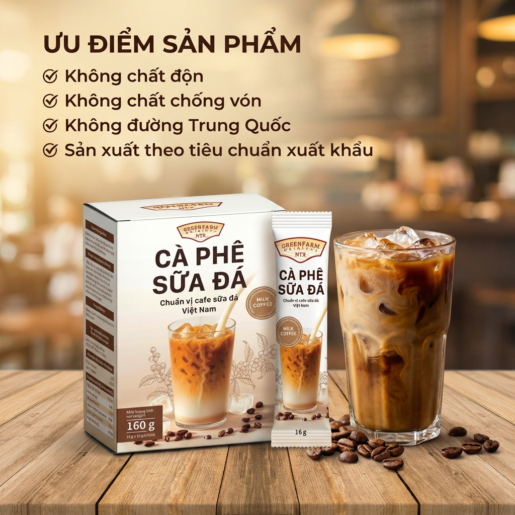 Cà Phê Sữa Đá Hòa Tan GreenFarm – Chuẩn Vị Phin Việt Nam – Thơm Béo Đậm Đà – Hộp 10 Gói x 17g