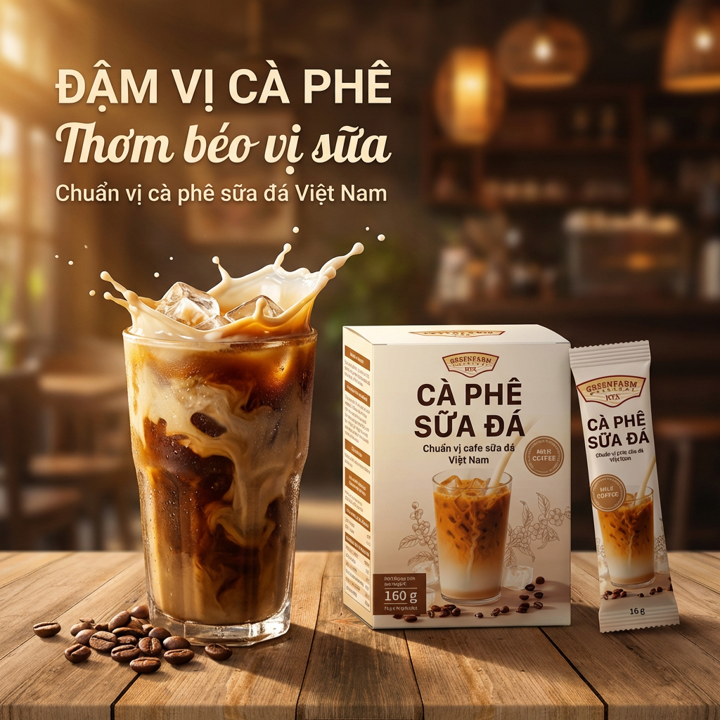 Cà Phê Sữa Đá Hòa Tan GreenFarm – Chuẩn Vị Phin Việt Nam – Thơm Béo Đậm Đà – Hộp 10 Gói x 17g
