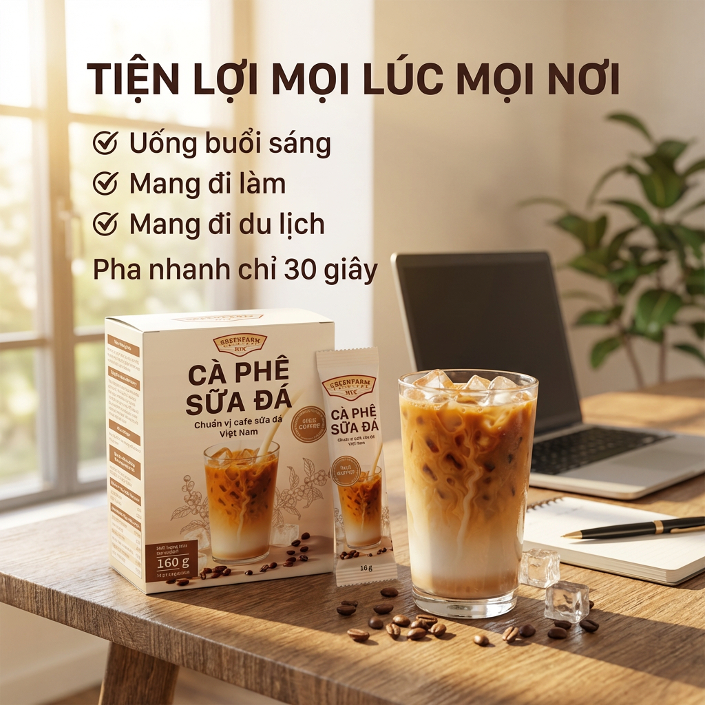 Cà Phê Sữa Đá Hòa Tan GreenFarm – Chuẩn Vị Phin Việt Nam – Thơm Béo Đậm Đà – Hộp 10 Gói x 17g