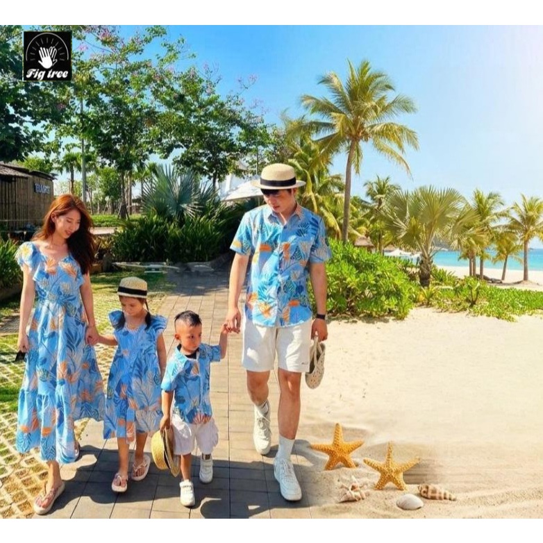 Đồ Gia Đình FIG TREE Họa Tiết Lá Xanh Da Trời Dành Cho Gia Đình Đi Biển, Du Lịch, Picnic, MS 188