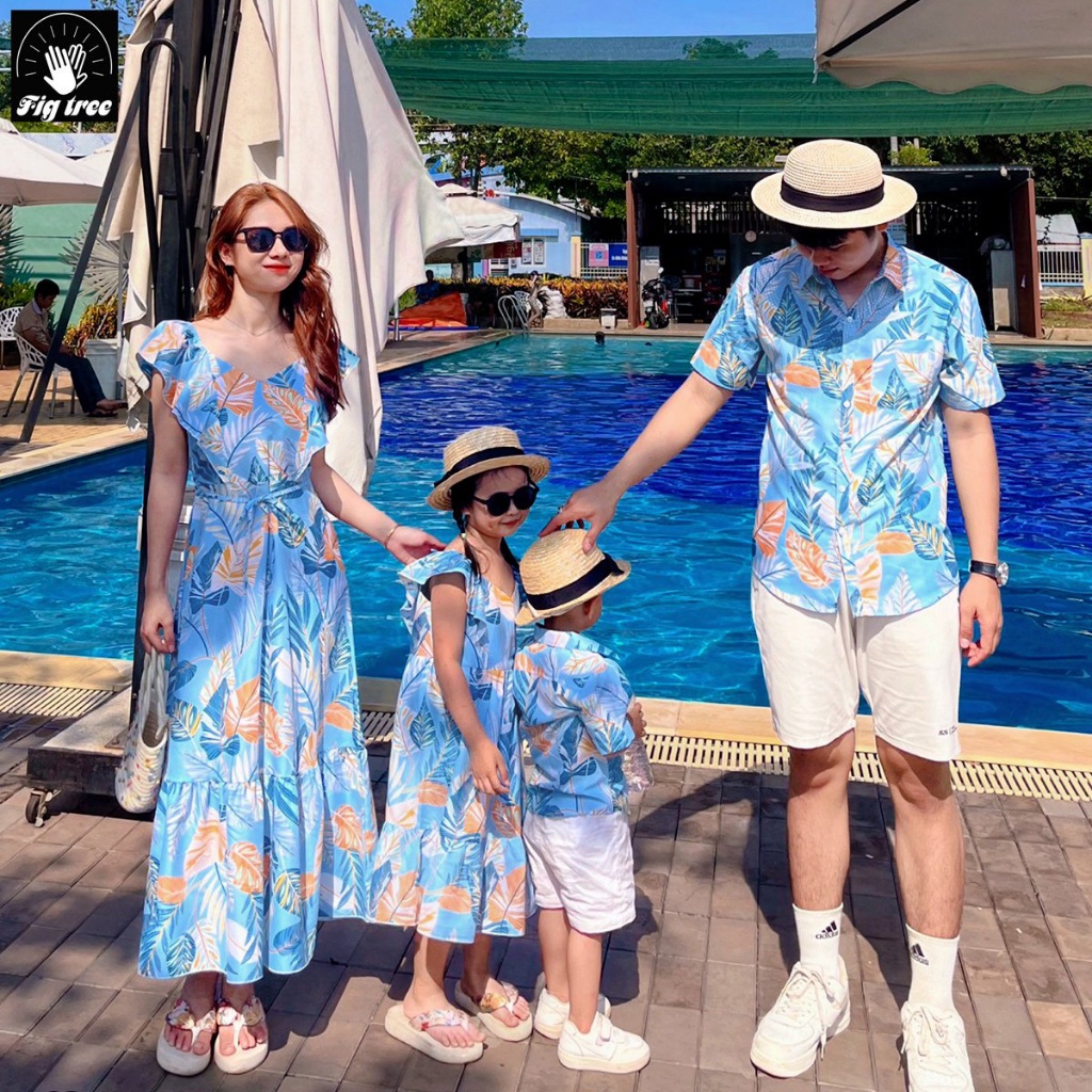 Đồ Gia Đình FIG TREE Họa Tiết Lá Xanh Da Trời Dành Cho Gia Đình Đi Biển, Du Lịch, Picnic, MS 188
