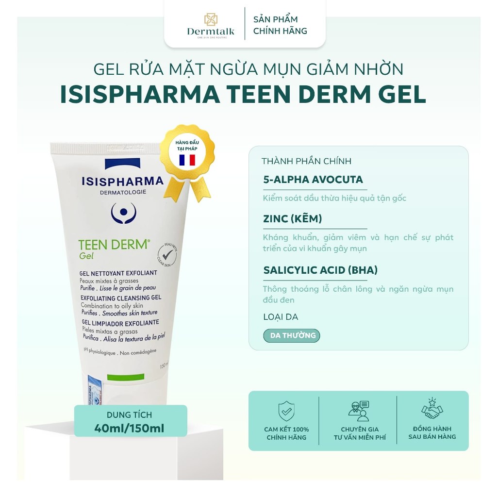 Gel rửa mặt giảm mụn Isispharma Teen Derm - Làm sạch sâu, giảm nhờn và ngừa mụn hiệu quả 40ml/150ml