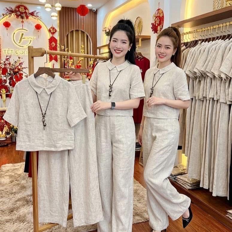 Sét bộ linen áo cổ sen quần suông dài. Đủ size 40-70kg. Chất linen mặc hè siêu mát. HT02.
