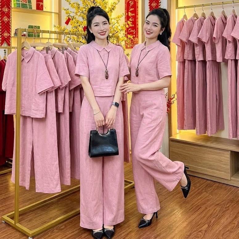 Sét bộ linen áo cổ sen quần suông dài. Đủ size 40-70kg. Chất linen mặc hè siêu mát. HT02.