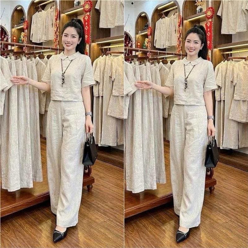 Sét bộ linen áo cổ sen quần suông dài. Đủ size 40-70kg. Chất linen mặc hè siêu mát. HT02.
