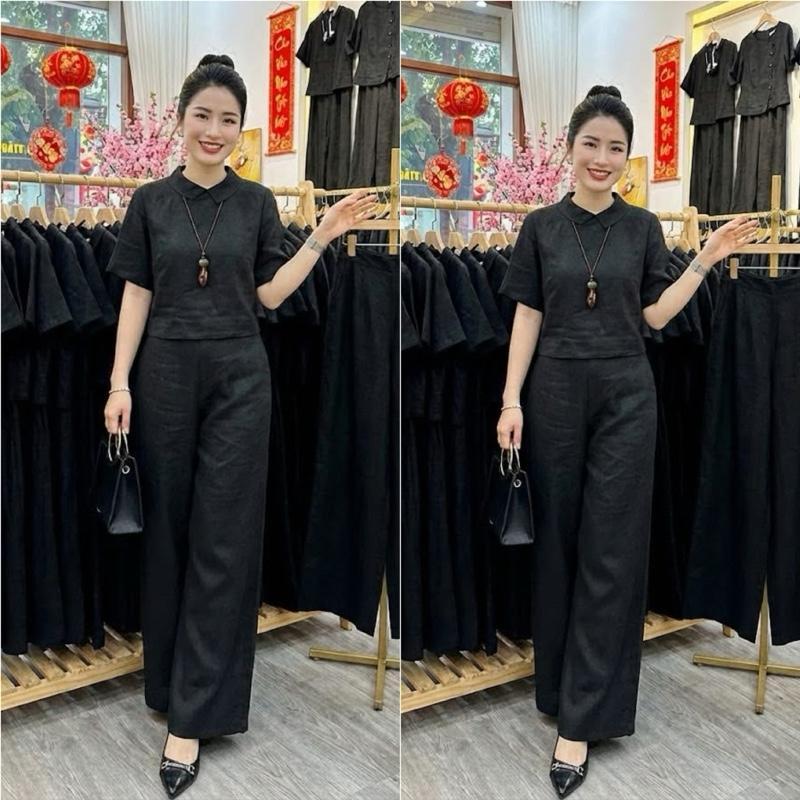 Sét bộ linen áo cổ sen quần suông dài. Đủ size 40-70kg. Chất linen mặc hè siêu mát. HT02.