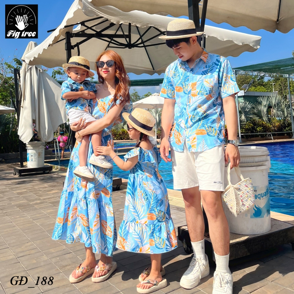 Đồ Gia Đình FIG TREE Họa Tiết Lá Xanh Da Trời Dành Cho Gia Đình Đi Biển, Du Lịch, Picnic, MS 188