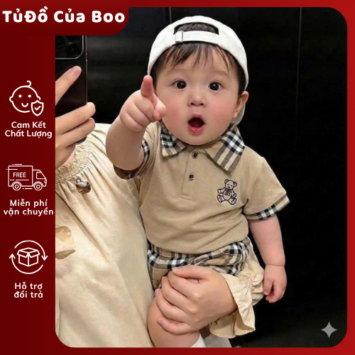 Tặng Mũ -Set 3 Món Áo + Quần + Mũ Siêu Bảnh Cho Bé Trai 8-14kg, Set Polo Cổ Caro Cao Cấp 8-14kg A26