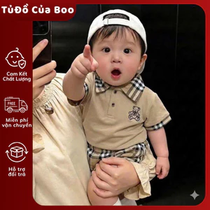 Tặng Mũ -Set 3 Món Áo + Quần + Mũ Siêu Bảnh Cho Bé Trai 8-14kg, Set Polo Cổ Caro Cao Cấp 8-14kg A26