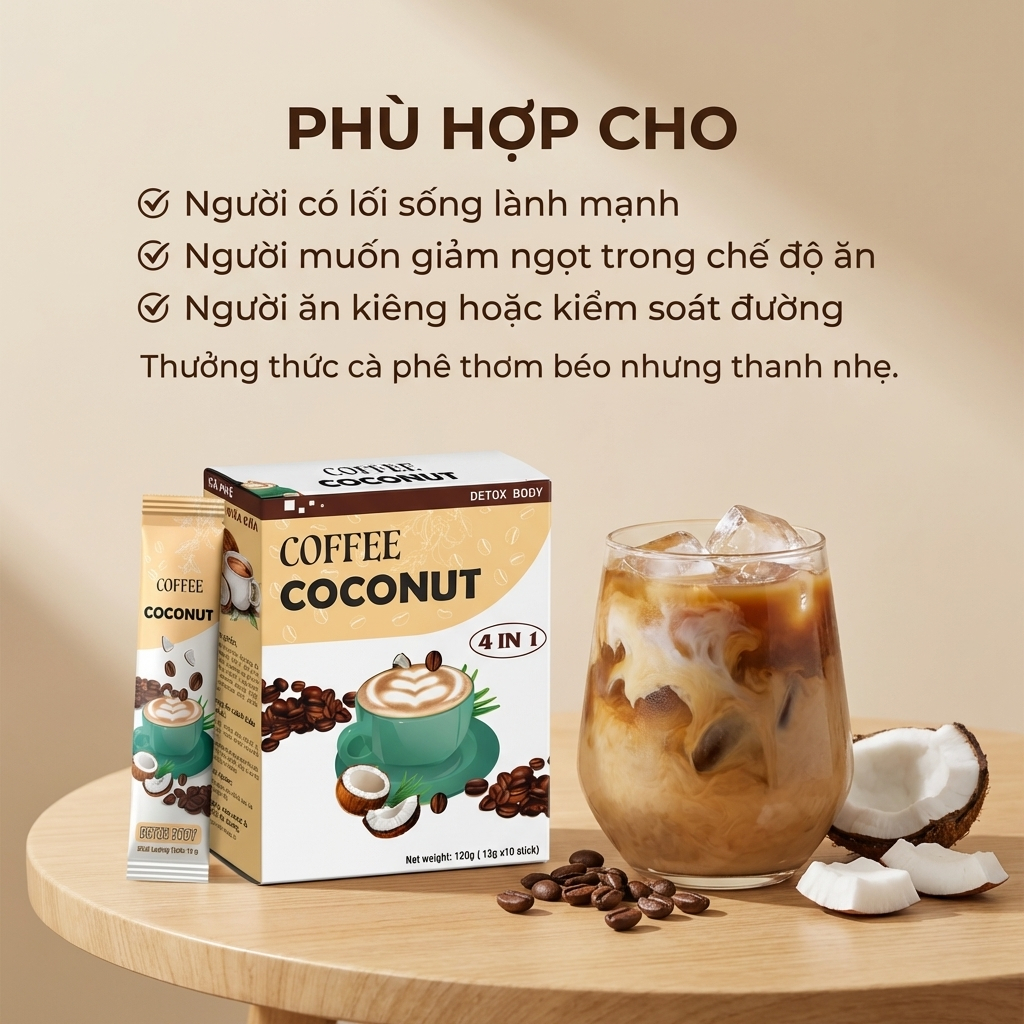 [ Combo 10 hộp TẶNG LY ] Cà Phê Dừa - Ít Đường Dành Cho Người Ăn Kiêng & Giảm Cân. Không chứa chất bảo quản, Hộp 10 gói