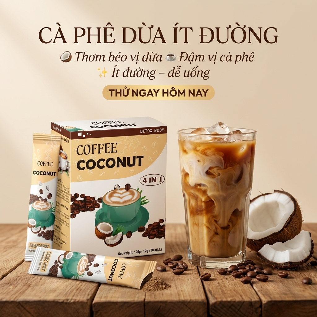[ Combo 10 hộp TẶNG LY ] Cà Phê Dừa - Ít Đường Dành Cho Người Ăn Kiêng & Giảm Cân. Không chứa chất bảo quản, Hộp 10 gói