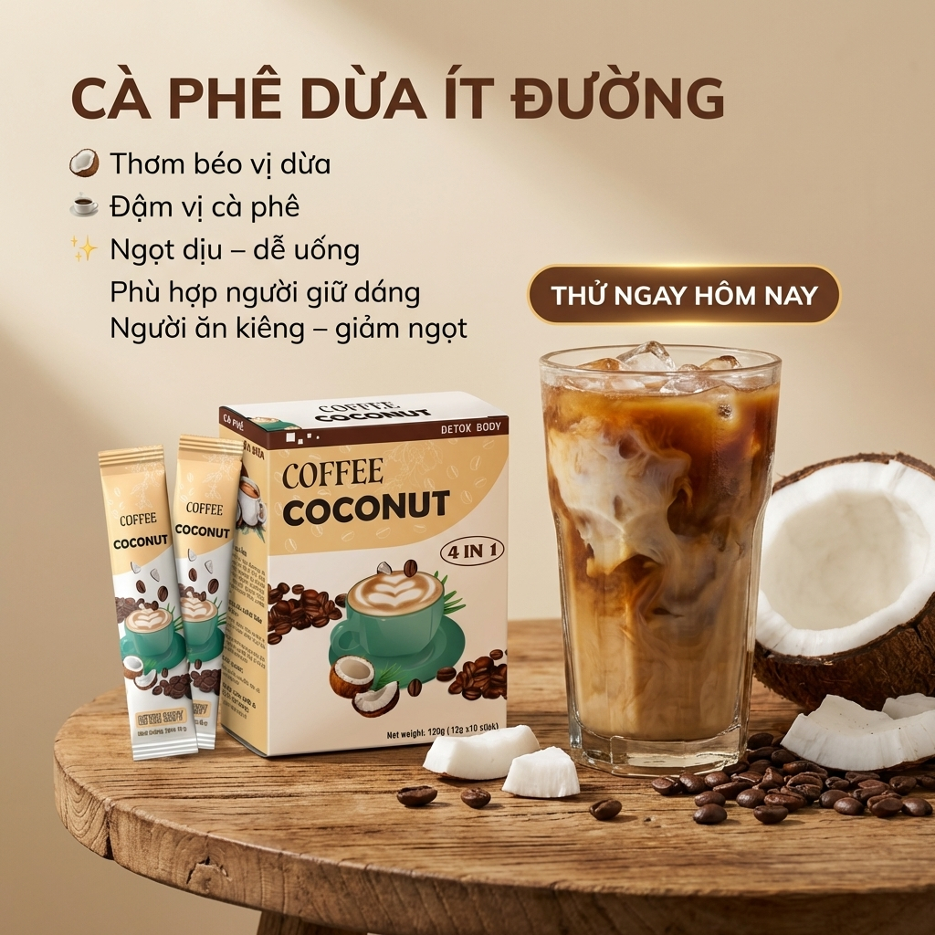 [ Combo 10 hộp TẶNG LY ] Cà Phê Dừa - Ít Đường Dành Cho Người Ăn Kiêng & Giảm Cân. Không chứa chất bảo quản, Hộp 10 gói