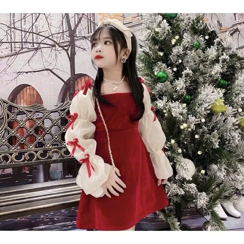 Váy bé gái tay phồng phối nơ phong cách tiểu thư đáng yêu cho bé mặc đi tiệc sinh nhật chụp hình