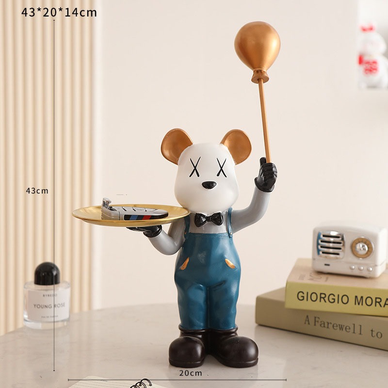 Tượng bear đỡ đồ cầm bóng màu xanh dương decor nhà cửa