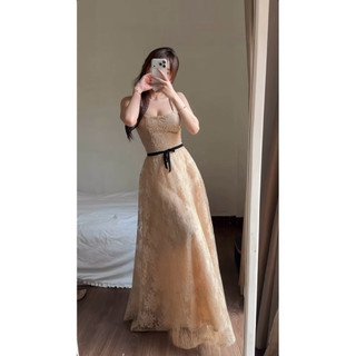 Váy Đầm Ren Tiểu Thư Dáng Dài 2s Mix Dây Nơ Đen Eo Joie