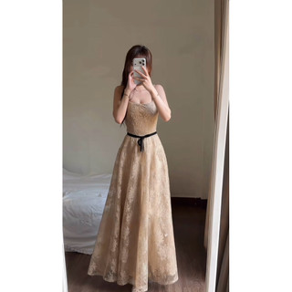 Váy Đầm Ren Tiểu Thư Dáng Dài 2s Mix Dây Nơ Đen Eo Joie