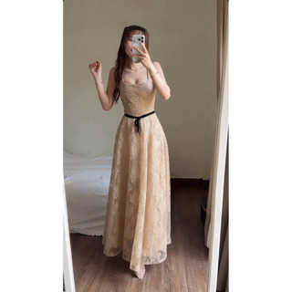 Váy Đầm Ren Tiểu Thư Dáng Dài 2s Mix Dây Nơ Đen Eo Joie
