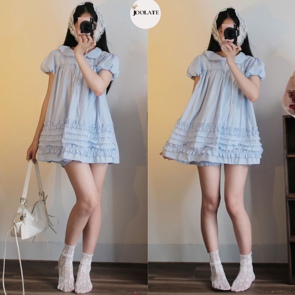 Áo Váy Babydoll Cổ Sen 2 Lớp Form Rộng Gấu Bèo Kèm Quần Bí – Set Du Lịch Mùa Hè Dễ Thương, Thoáng Mát Joolate