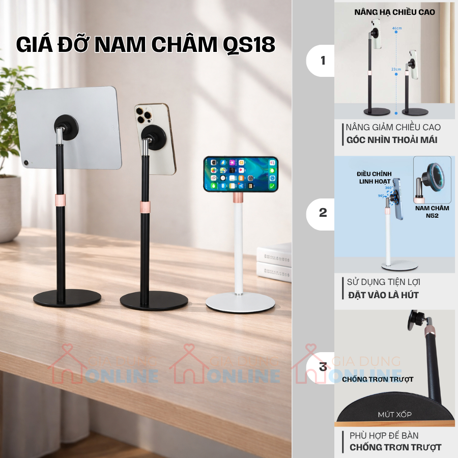 Giá đỡ nam châm gắn điện thoại, tablet để bàn có nâng hạ chiều cao QS18