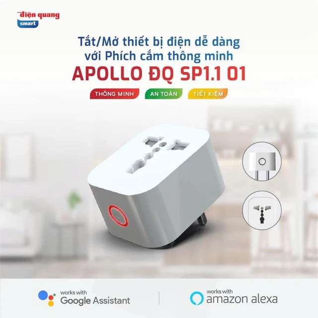 [HỎA TỐC] Phích Cắm/Ổ Cắm Thông Minh Wifi Điện Quang Công Suất 2000W Tắt/mở từ xa bằng wifi, giọng nói, hẹn giờ tự động.