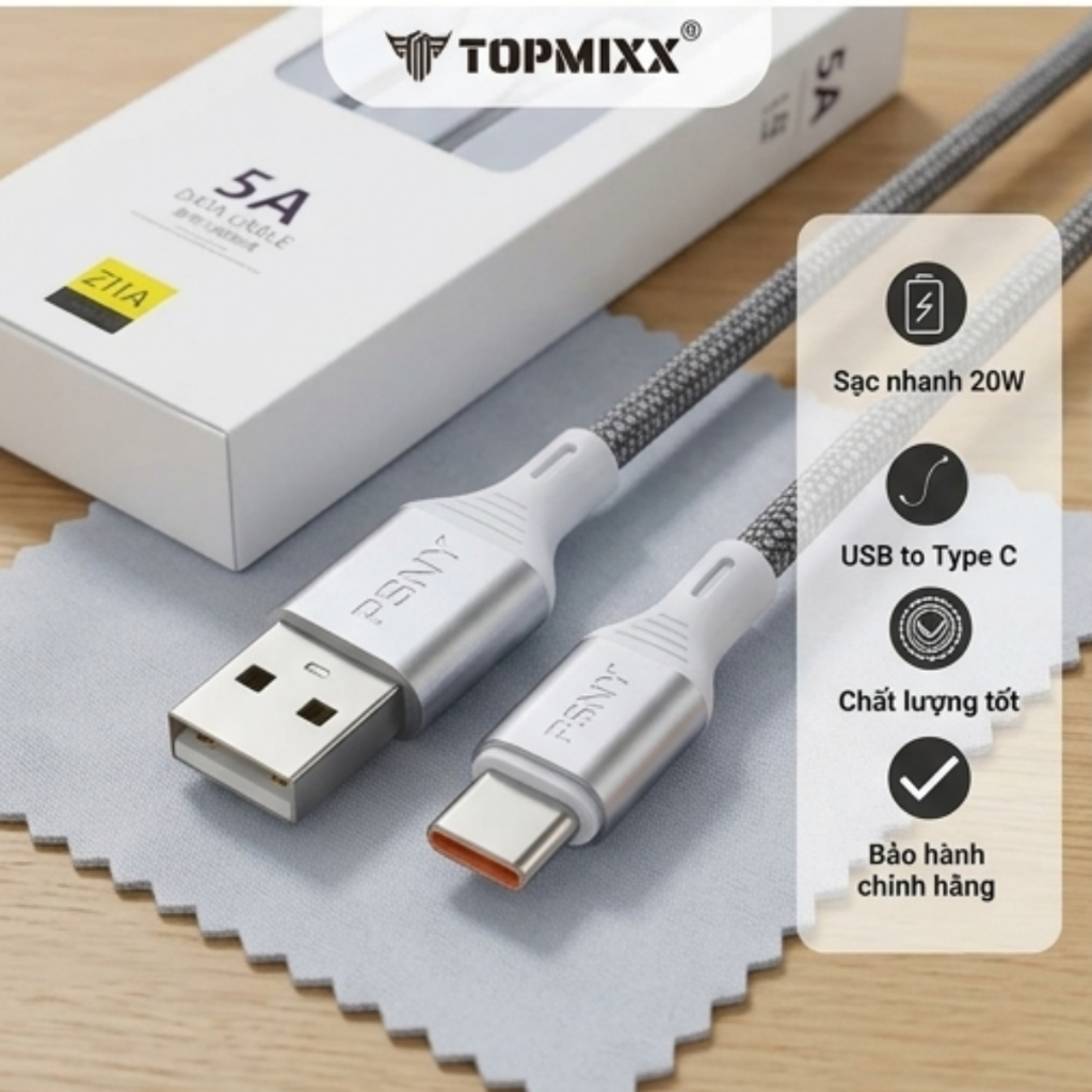 Cáp Sạc Nhanh PSNY (Z11A/12A) 5A - Dây Cáp Dù Siêu Bền USB To Type-C Sạc 20W Chống Đứt Gãy