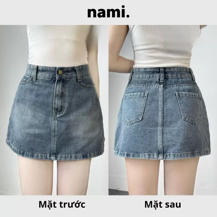 Chân váy Jean có lót trong dáng chữ A cạp cao cài cúc Bigsize, Chân váy nữ vải jean có khóa kéo NaMi 312