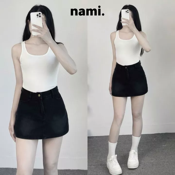 Chân váy Jean có lót trong dáng chữ A cạp cao cài cúc Bigsize, Chân váy nữ vải jean có khóa kéo NaMi 312