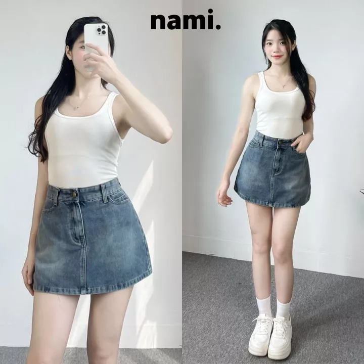 Chân váy Jean có lót trong dáng chữ A cạp cao cài cúc Bigsize, Chân váy nữ vải jean có khóa kéo NaMi 312