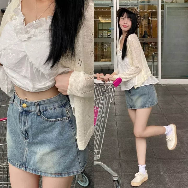 Chân váy Jean có lót trong dáng chữ A cạp cao cài cúc Bigsize, Chân váy nữ vải jean có khóa kéo NaMi 312
