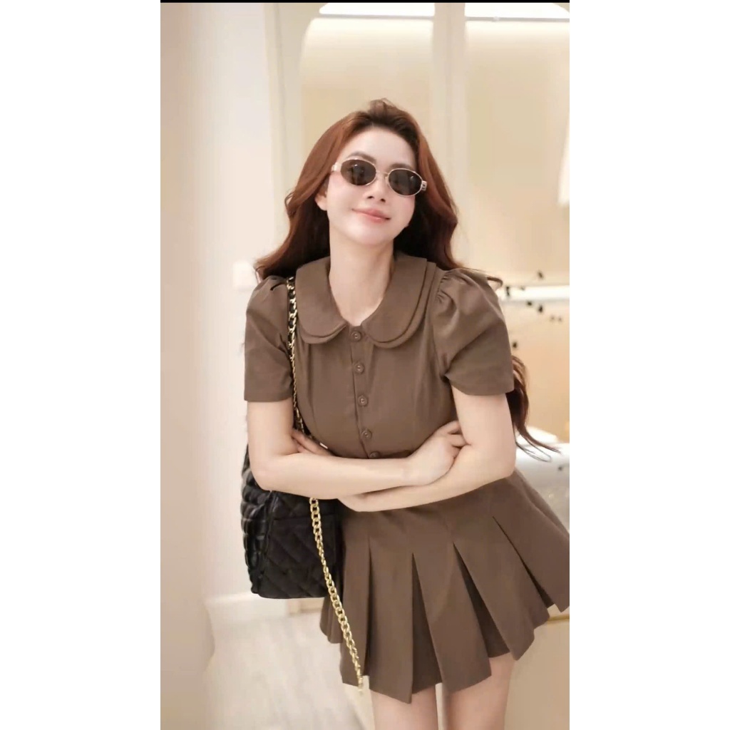 NH CLOTHER -Váy liền thân màu nâu cổ sen dáng xòe xếp ly phong cách