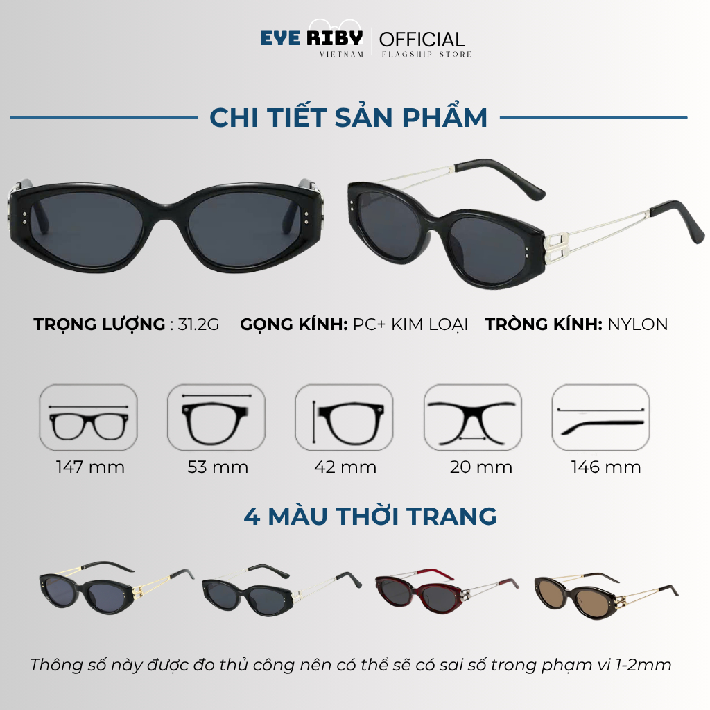 Kính Râm Mắt Mèo Đi Biển EYERIBY Kính Mát Thời Trang Nam Nữ Gọng Kim Loại Titanium Chống Tia UV Phong Cách Hàn Quốc R33