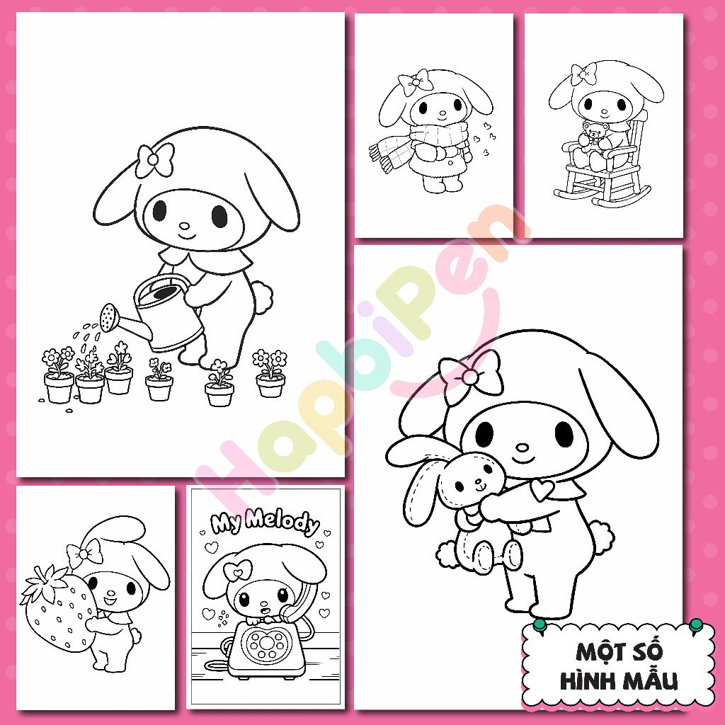 Tranh tô màu My Melody cho bé gái với 50 trang vẽ nhiều chủ đề tờ rời khổ A4 A5 TTM003