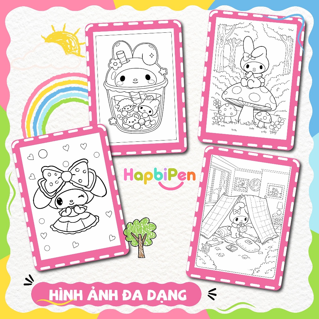 Tranh tô màu My Melody cho bé gái với 50 trang vẽ nhiều chủ đề tờ rời khổ A4 A5 TTM003