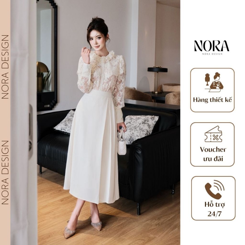 Set Váy Công Sở, Dự Tiệc Thanh Lịch NORA, Áo Ren Dài Tay Phối Lưới Cao Cấp, Chân Váy Chất Chéo Rubi Lót Lụa S1069