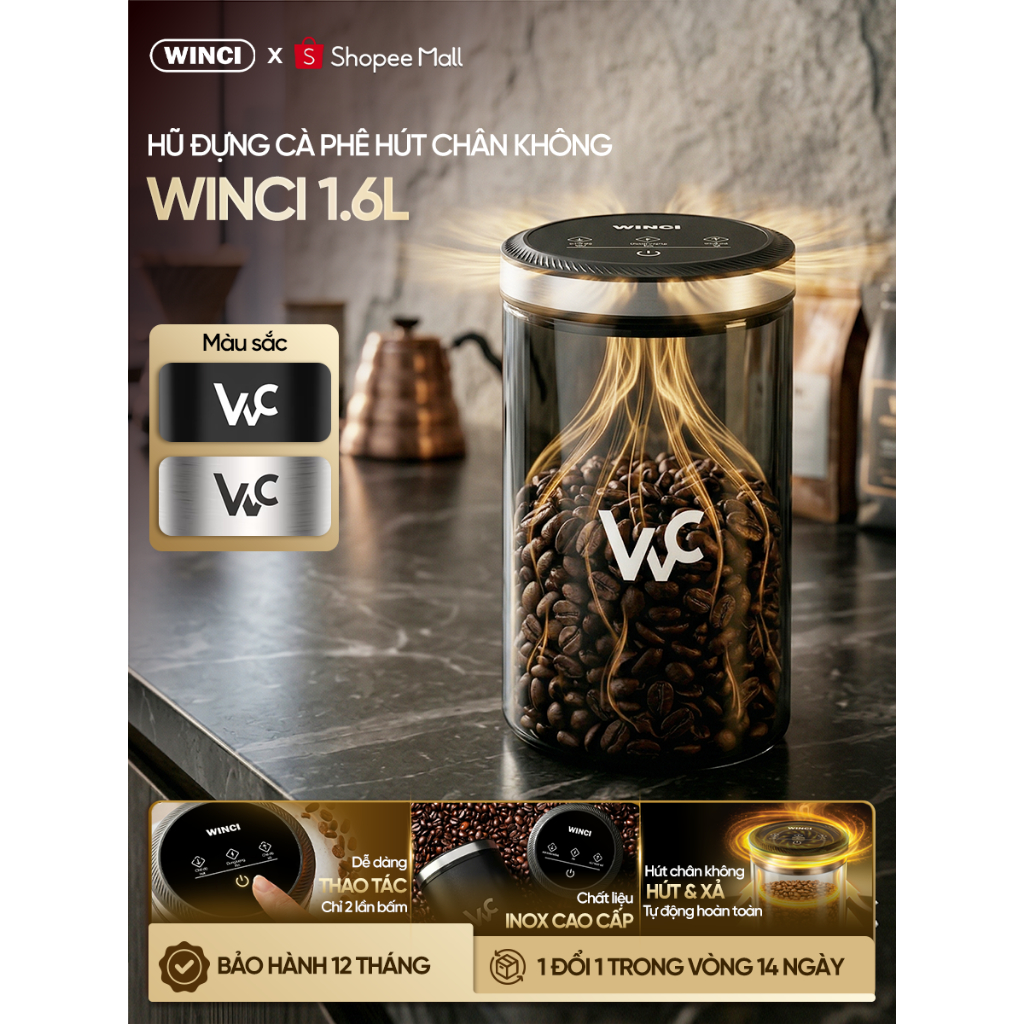 Hộp đựng cà phê hút chân không Winci, màn hình cảm ứng, 1.6L / 54oz | BigBuy360 - bigbuy360.vn