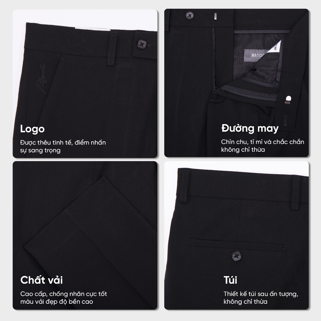 Quần âu nam MASCULINE MBR26D - Form ôm Beggi Relax trẻ trung vải cotton co giãn màu đen công sở