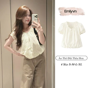 EMLY - Áo Thô Đũi Nữ Thêu Hoa Vintage- Áo Nữ Mùa Hè Chất Đũi Mềm Cực Mát Hàn Quốc