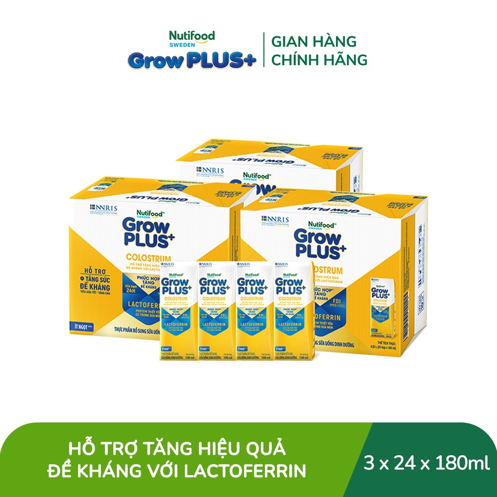 Combo 3 Thùng 24 hộp Sữa bột pha sẵn Nutifood Sweden GrowPLUS+ Colostrum Lactoferrin 180ml