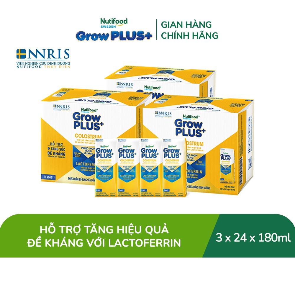 Combo 3 Thùng 24 hộp Sữa bột pha sẵn Nutifood Sweden GrowPLUS+ Colostrum Lactoferrin 180ml