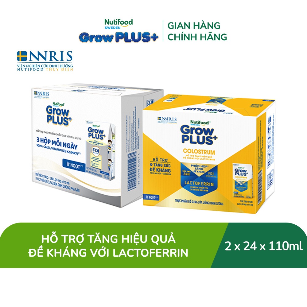 Combo 2 thùng 24 hộp Sữa bột pha sẵn GrowPLUS+ 110ml: Cao Lớn Vượt Trội +  Colostrum Lactoferrin