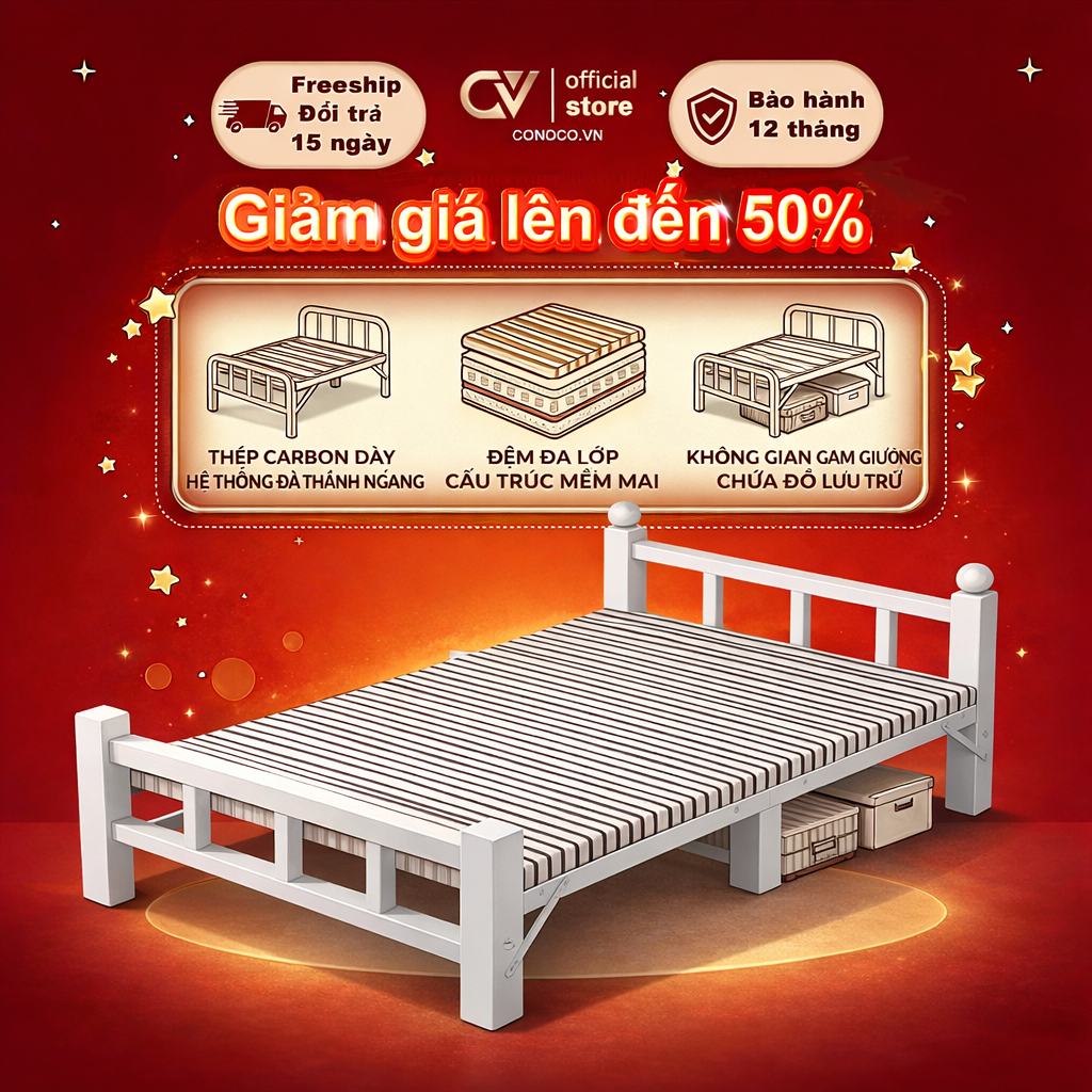 CONOCO Giường Sắt Xếp Thép Carbon Kèm Đệm Chịu Lực Tốt Cho Văn Phòng Căn Hộ