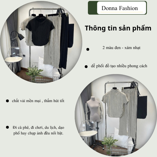 Set đồ nữ, đồ bộ nữ DONNA HCOM3407 áo cổ lọ mix quần suông dài trẻ trung, năng động